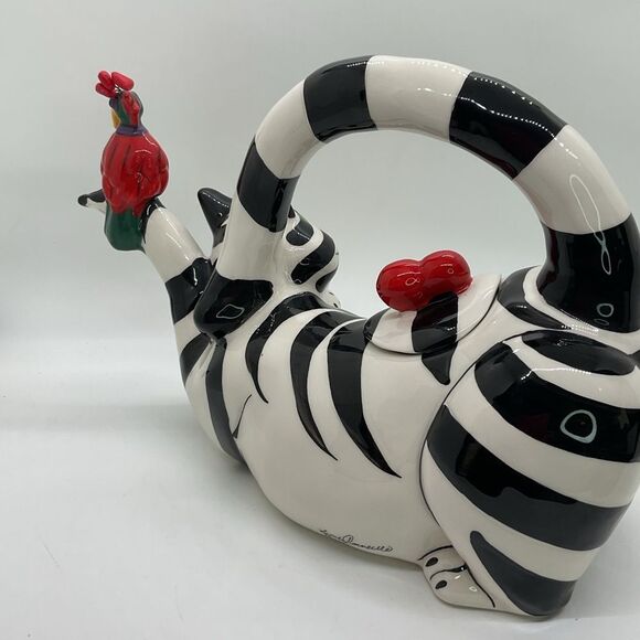 Blue Sky Clancy Heart Striped Cat Teapot with Parrot Accent - Picture 9 of 9